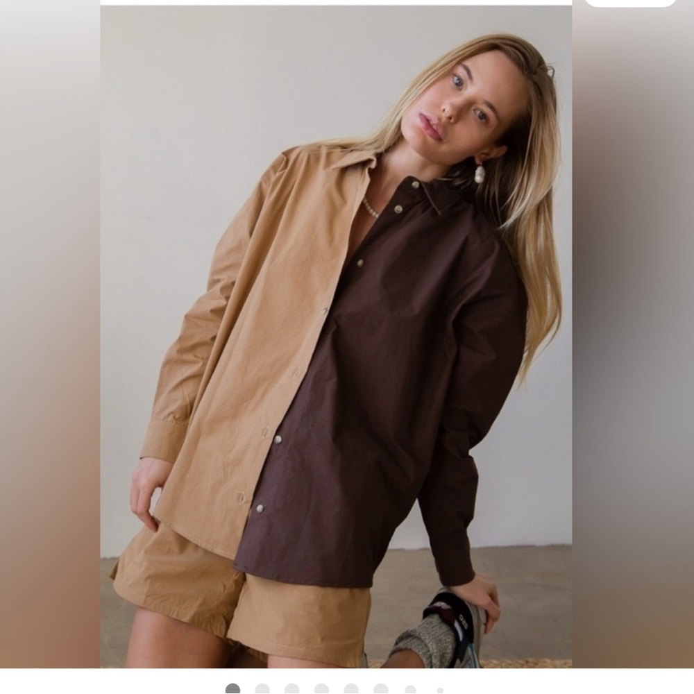 DONNI. Two-Tone Button Down Shirt in Camel and Brown